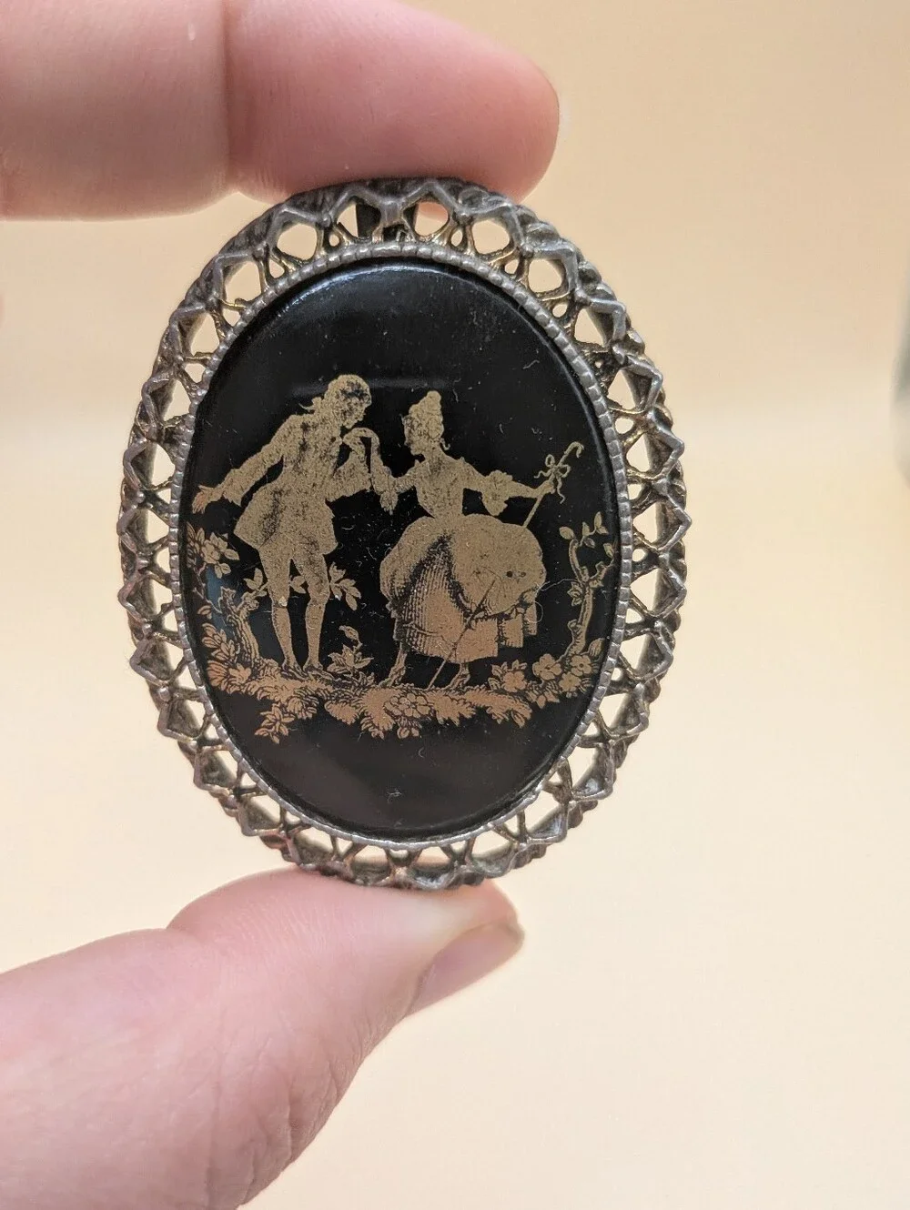 Vintage Victorian Black and Gold Romantic Silhouette Brooch Convertible Pendant